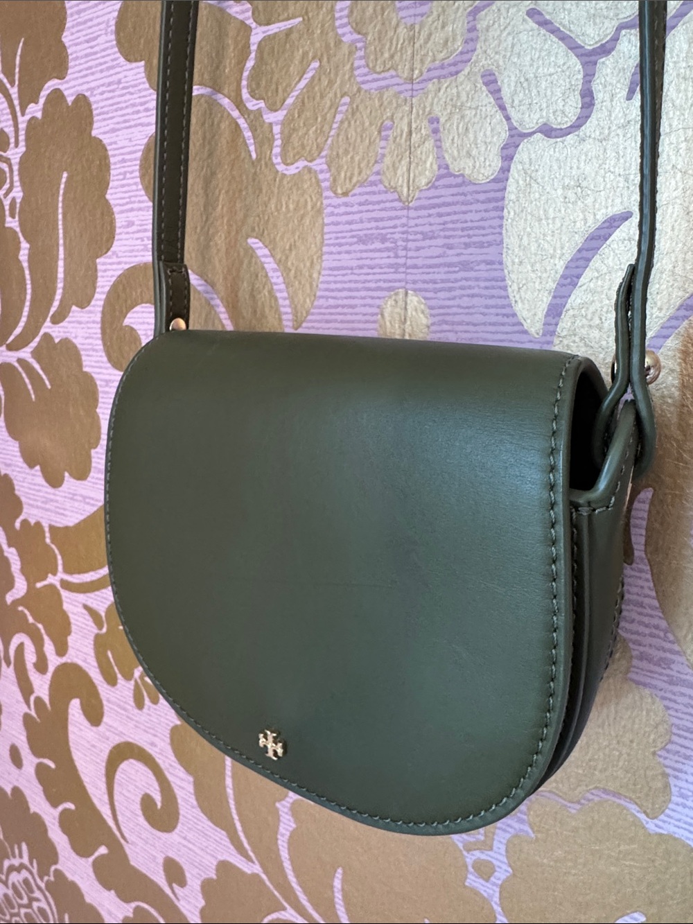 Tory Burch Olive Green Leather Saddle Crossbody with Gold Logo